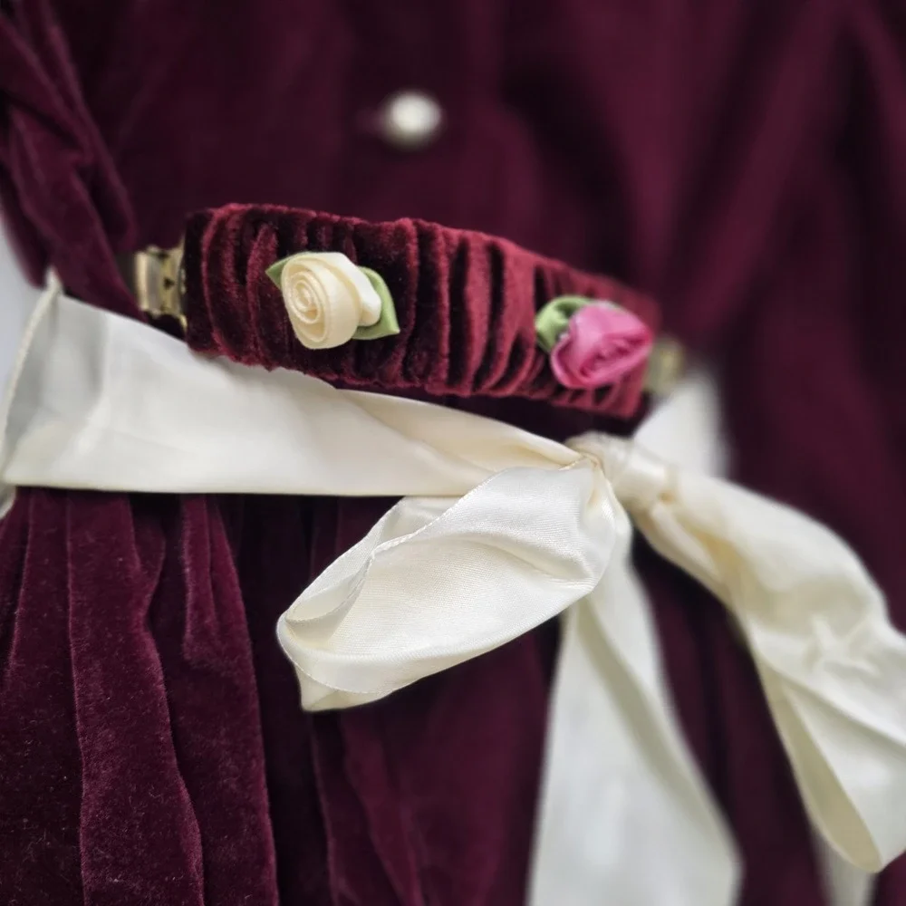 Vintage Sarah Kent Girls Sz 7 Victorian Style Dress Burgundy Ivory Belted Velvet